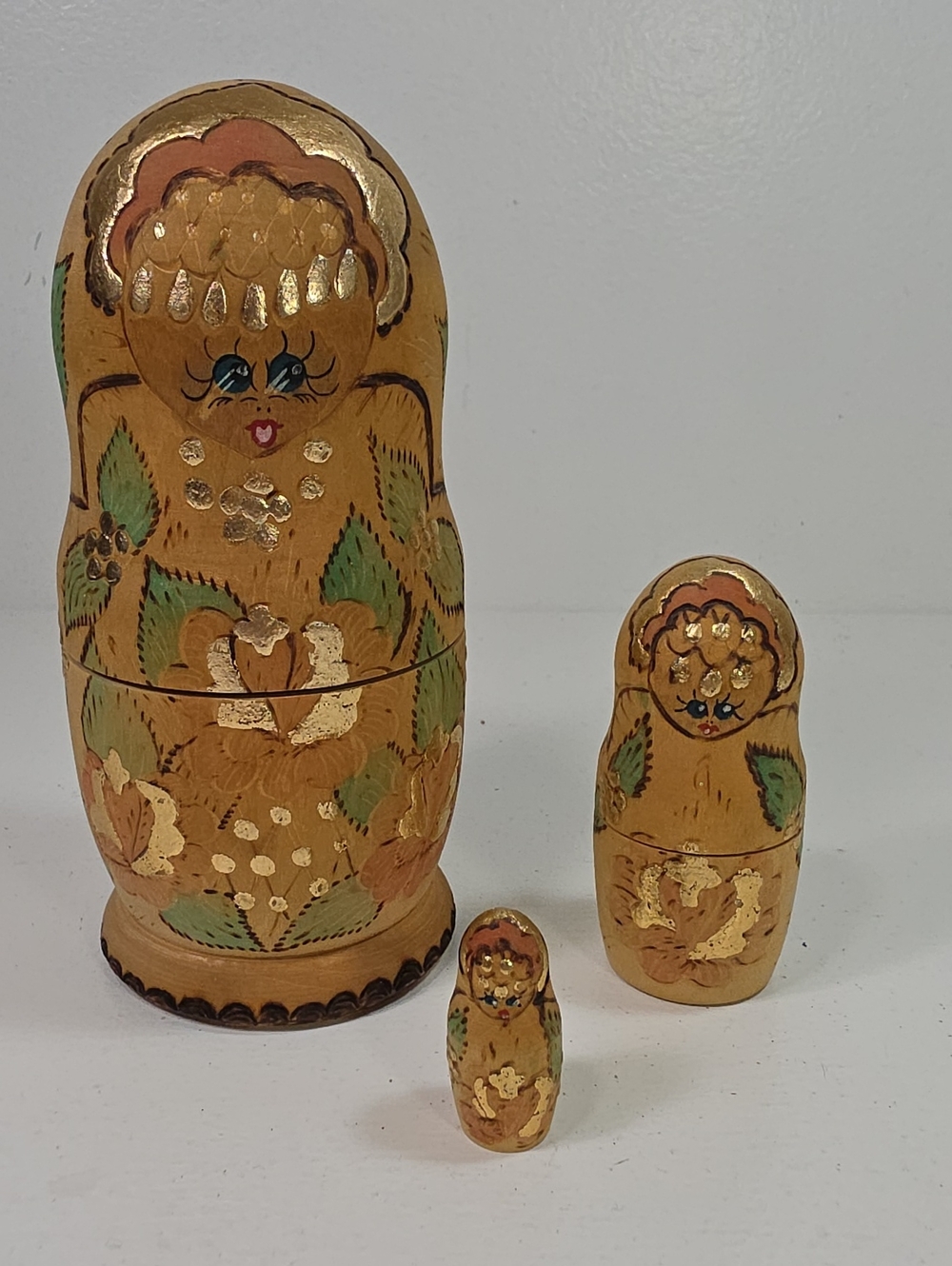 Vintage Wooden Russian Nesting Dolls Set Of 3 Hand-Painted Matryoshka